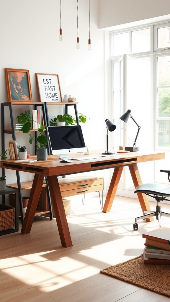 A modern home office featuring a wooden desk, plants, and a cozy atmosphere.