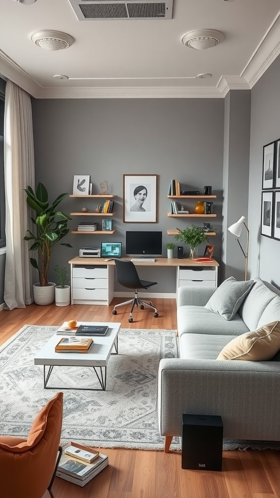A modern sitting room office combo with a desk, computer, and cozy seating.