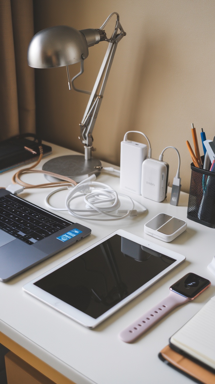 A stylish dorm desk setup featuring a laptop, tablet, phone, and organized cables.