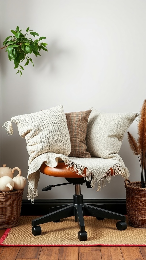 A cozy workspace featuring a chair with cushions and a throw blanket.