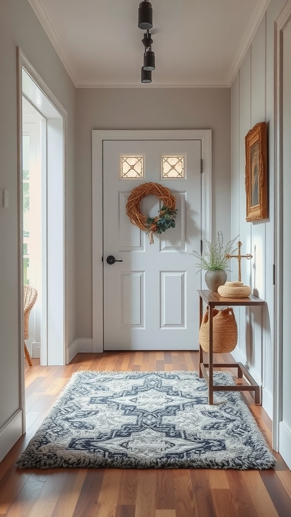 A cozy entryway featuring a textured rug, a door with decorative glass, and a small table with decorative items.