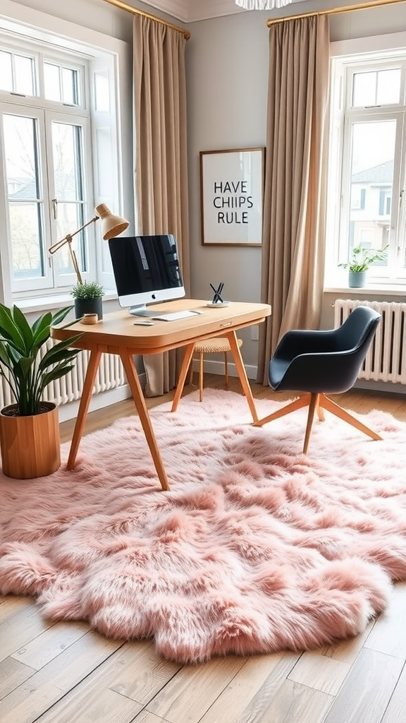 A stylish home office featuring a pink textured rug, modern desk, and green plants.