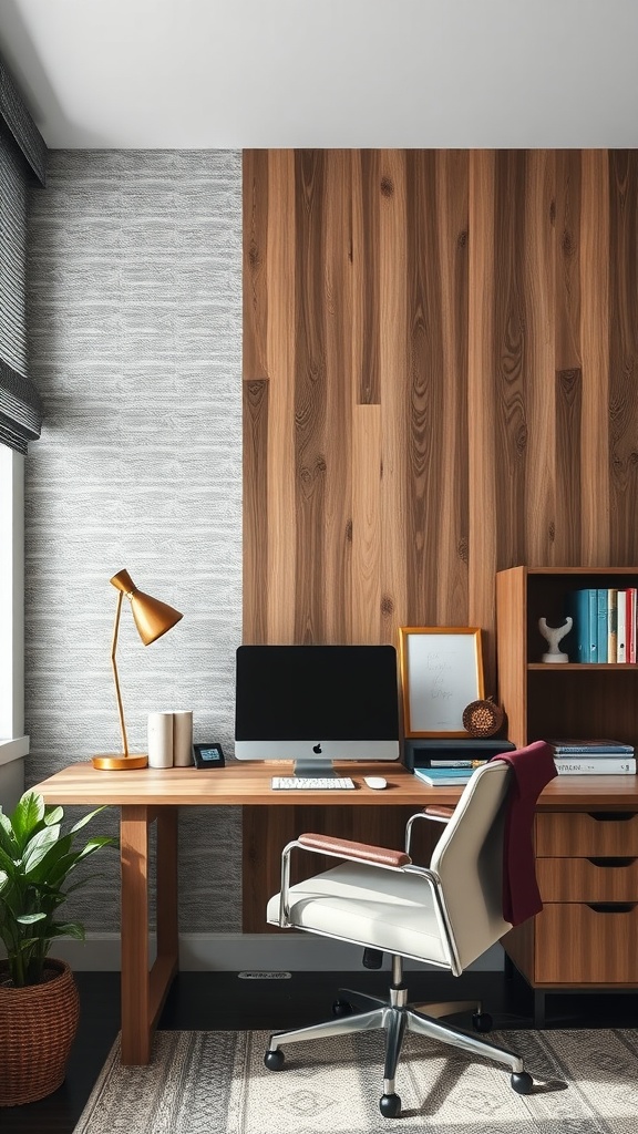 A stylish home office featuring a wooden wall accent and modern desk design.