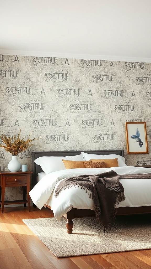 A cozy bedroom featuring textured wallpaper with a warm-toned bedspread and wooden furniture.