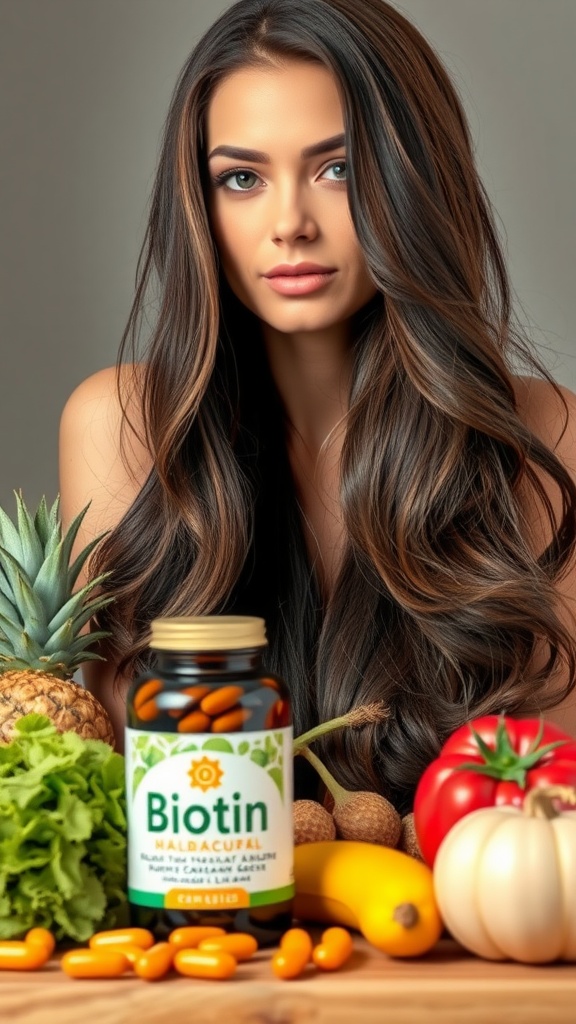 A bottle of Biotin supplements with fresh fruits and vegetables, showcasing the benefits for hair health.