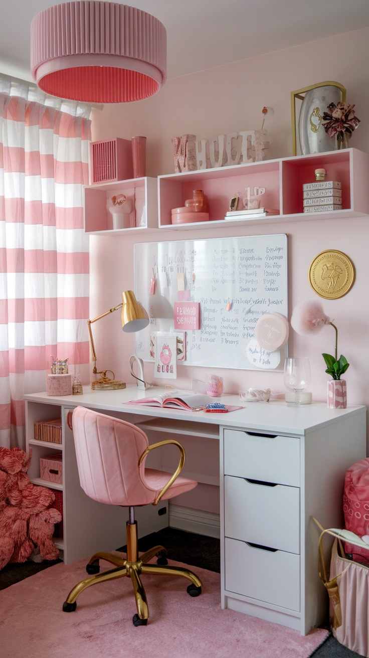 A stylish pink-themed dorm desk setup with a pink chair, accessories, and decor.