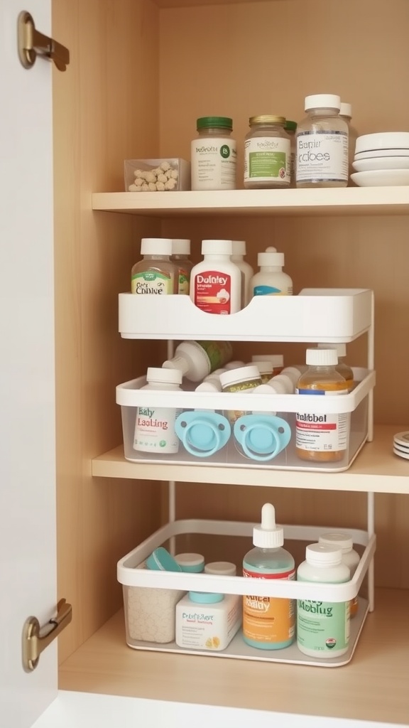 A neatly organized baby cabinet with tiered organizers for small items.
