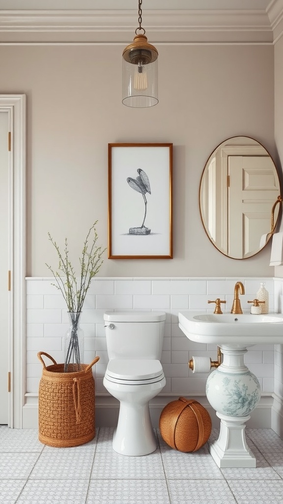 Elegant bathroom with decorative accents including a vintage mirror and stylish light fixture.