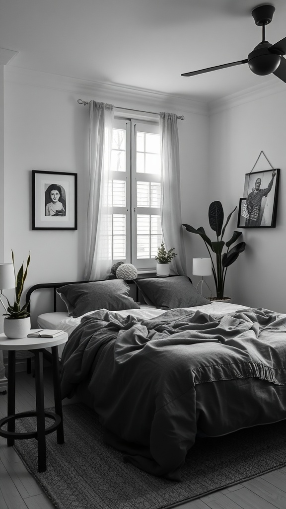 A tranquil black and white bedroom featuring a bed with soft linens, decorative plants, and minimalistic decor.