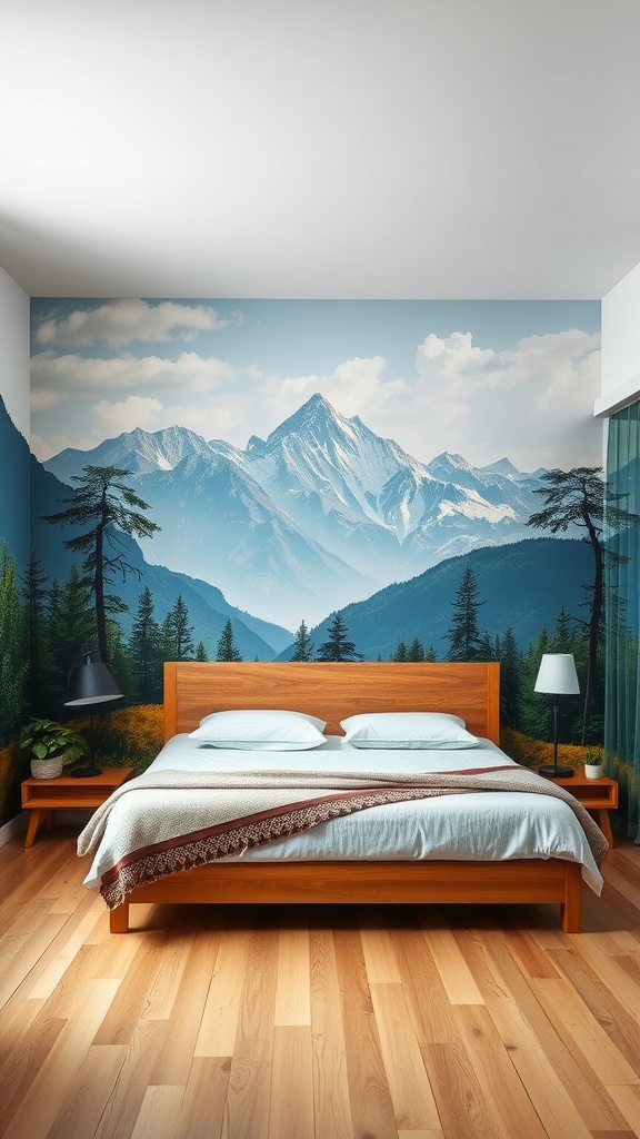 A cozy bedroom featuring a mural of mountains and forests on the wall, with a wooden bed and warm wooden flooring.