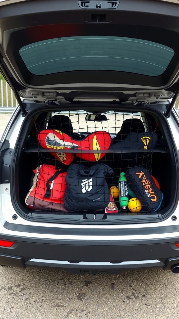 Trunk with netting holding various bags and sports equipment.
