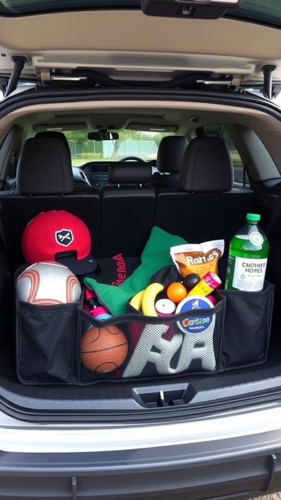 A trunk organizer filled with sports equipment, snacks, and beverages, showcasing adjustable compartments.