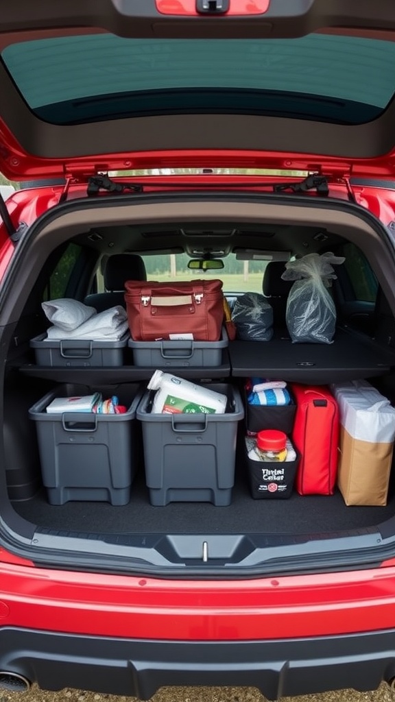 Organized trunk space with various storage bins.