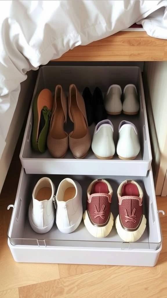 A neatly organized under-bed shoe storage solution with various shoes arranged in a storage box.