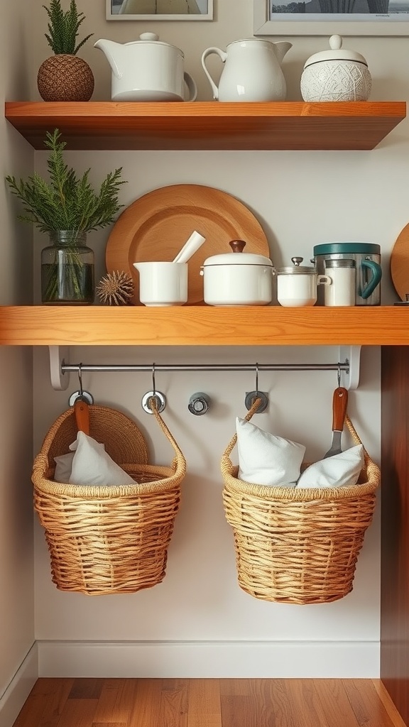 Under-shelf baskets hanging below wooden shelves filled with kitchen items