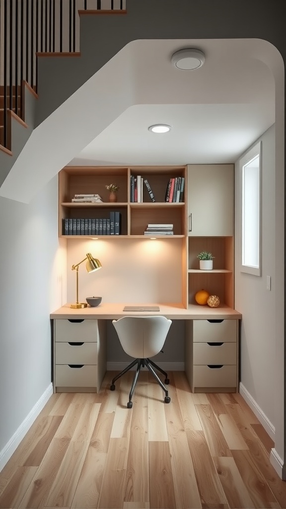 A compact office space under a staircase featuring a desk, shelves, and a chair.