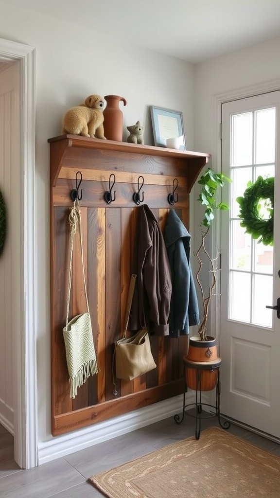 A stylish wooden coat rack with hooks and decorative items