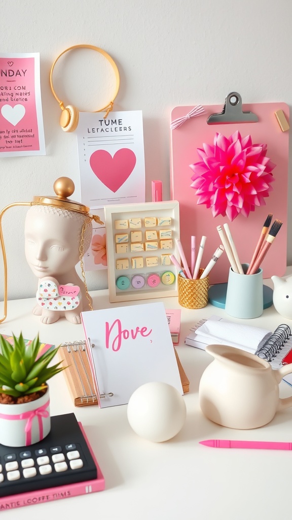 A bright and feminine home office desk featuring colorful accessories and decor.