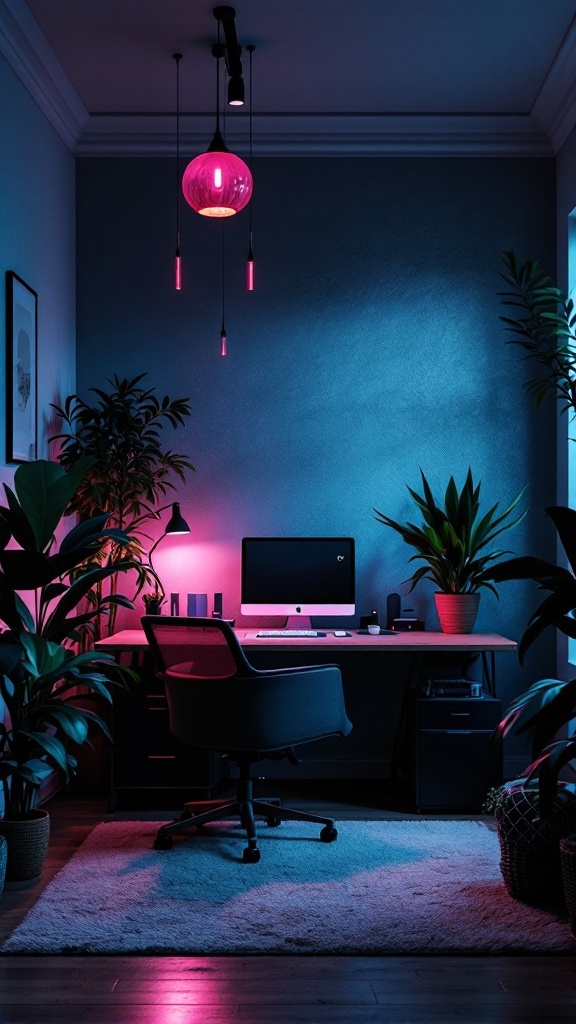 Home office with unique pink lighting fixtures and green plants.