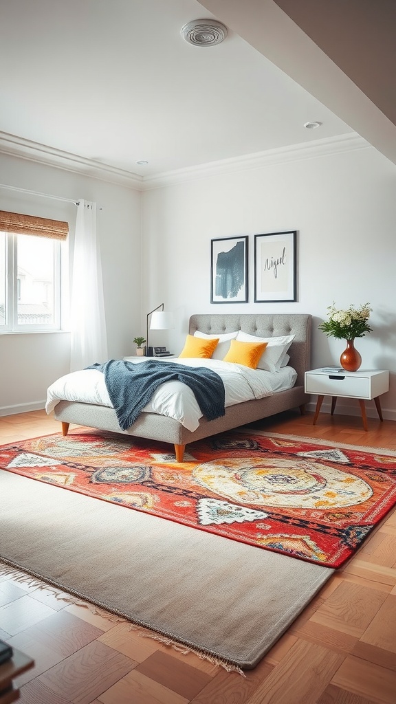 A cozy bedroom featuring a vibrant, patterned rug under the bed, with a stylish bedding setup and decorative pillows.