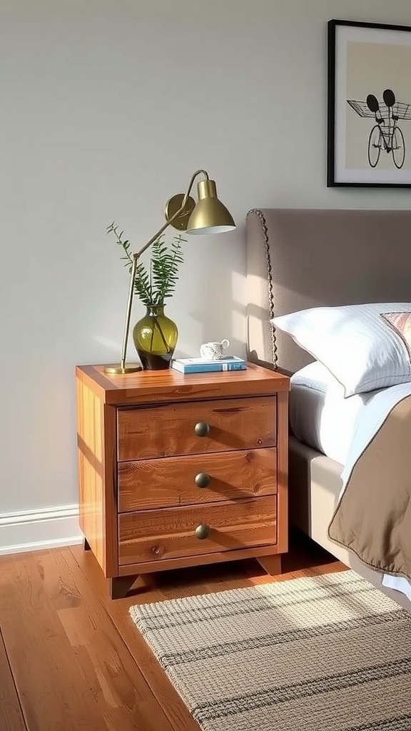 A cozy bedroom scene featuring an upcycled wooden nightstand with three drawers, a stylish lamp, and a touch of greenery.