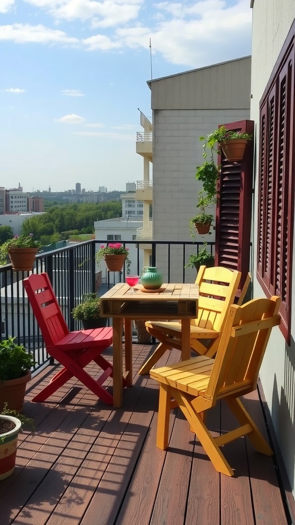Brightly colored upcycled furniture on a balcony with plants and a city view.