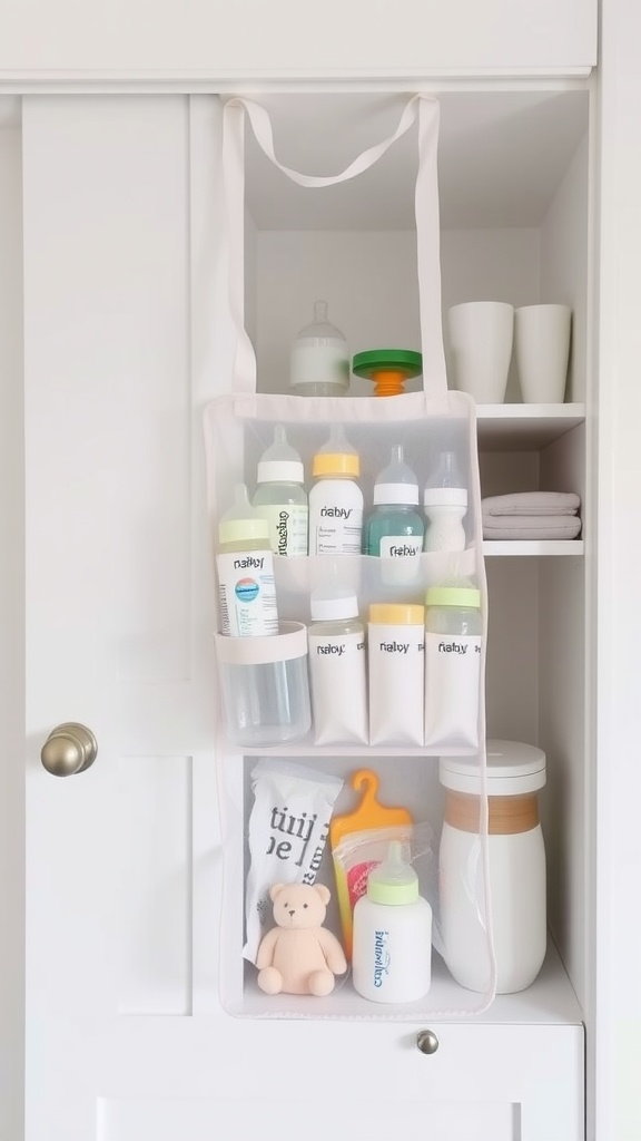 An over-the-door organizer filled with baby bottles and supplies.
