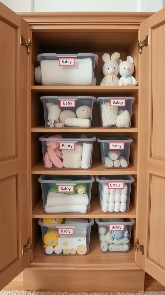 A neat cabinet filled with clear storage bins for baby items, all labeled and organized.