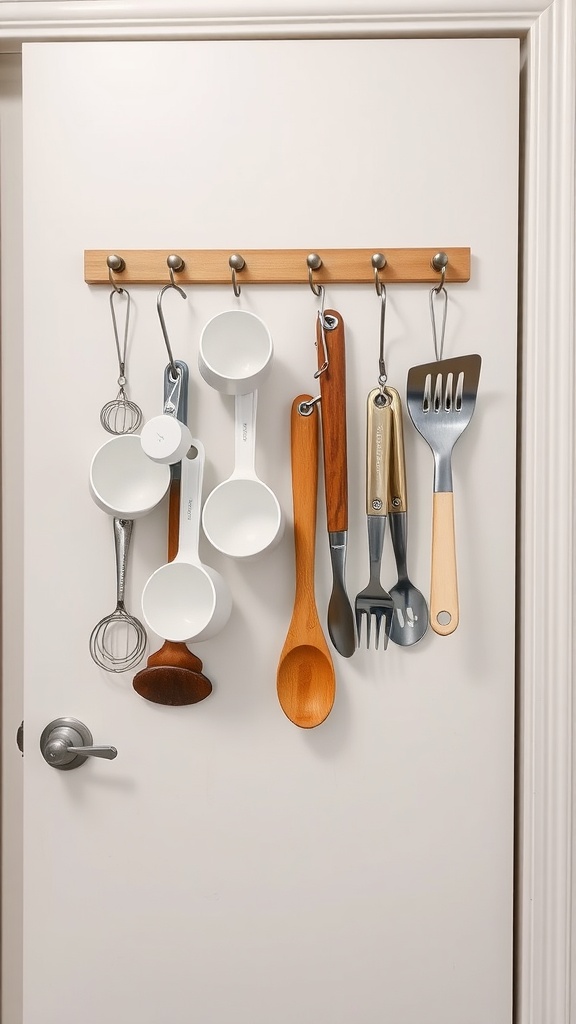 Kitchen utensils hanging on hooks on a cabinet door.