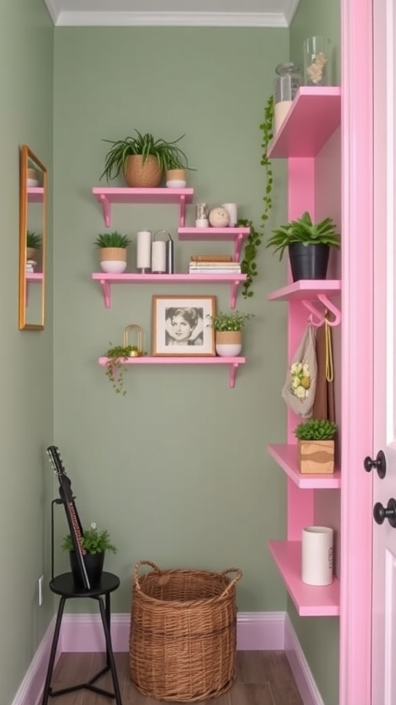 A small entryway with wooden shelves, plants, and hooks for bags and clothing.