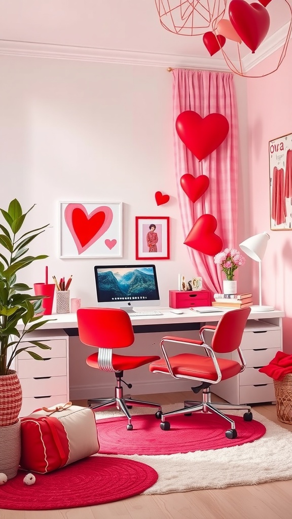 Home office decorated for Valentine's Day with red and pink accents