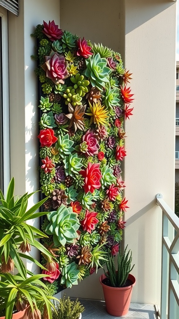 A vibrant vertical garden featuring a variety of colorful succulents on a balcony wall.