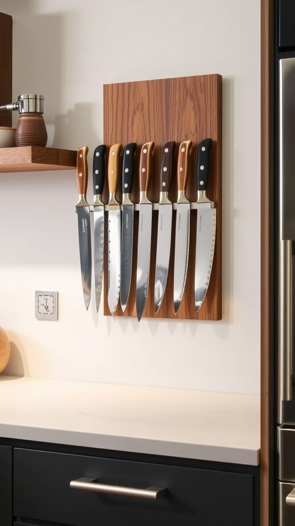 A vertical knife magnetic strip displaying several kitchen knives on a wall.
