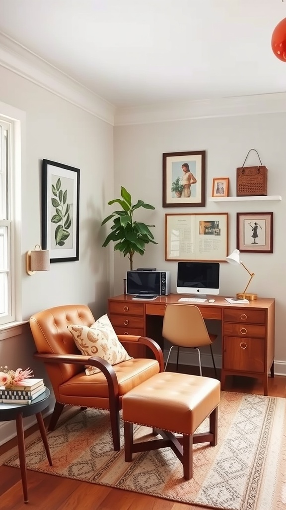A cozy sitting room office combo featuring vintage furniture, a stylish desk, and comfortable chairs