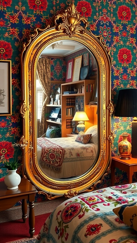 A vintage gold mirror in a boho bedroom with colorful decor