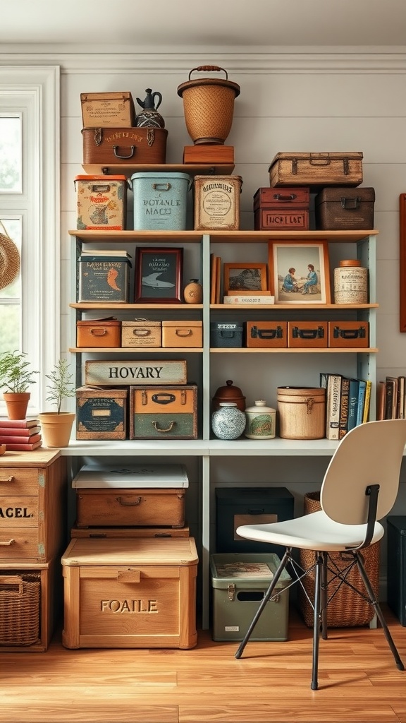 Vintage storage boxes and crates arranged on a shelf in a home office.