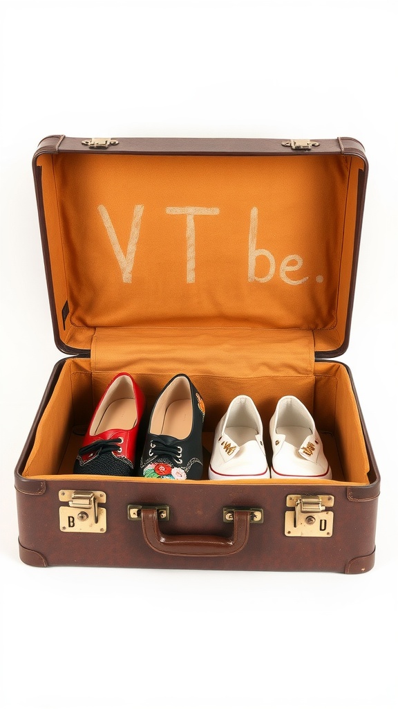 A vintage suitcase with colorful shoes inside, showcasing a creative storage solution.