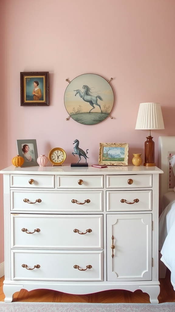A vintage white dresser against a light pink wall, decorated with a lamp, globe, and small plants.