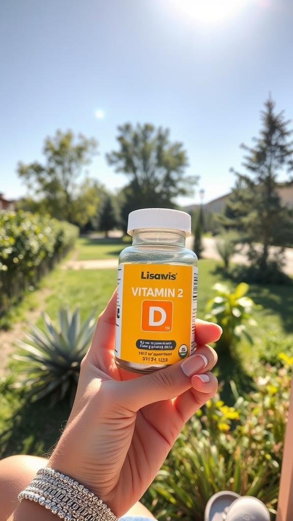 A hand holding a bottle of Vitamin D supplement in a sunny outdoor setting.