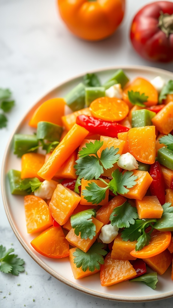 A colorful salad with yellow and red bell peppers, green vegetables, and fresh cilantro.