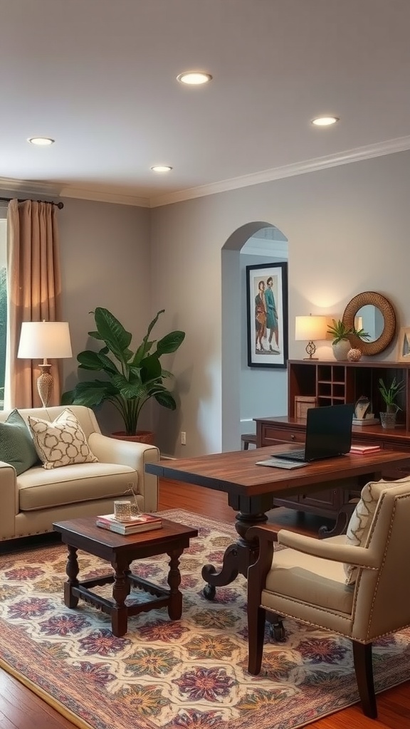 A warm office and sitting room combo featuring a desk, comfortable chairs, and soft lighting.