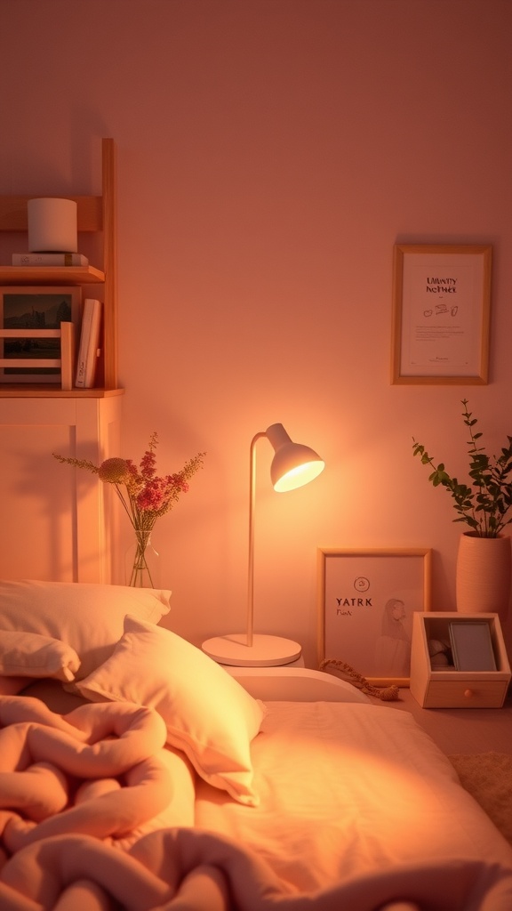 Cozy light pink bedroom with warm lighting and decorative elements.