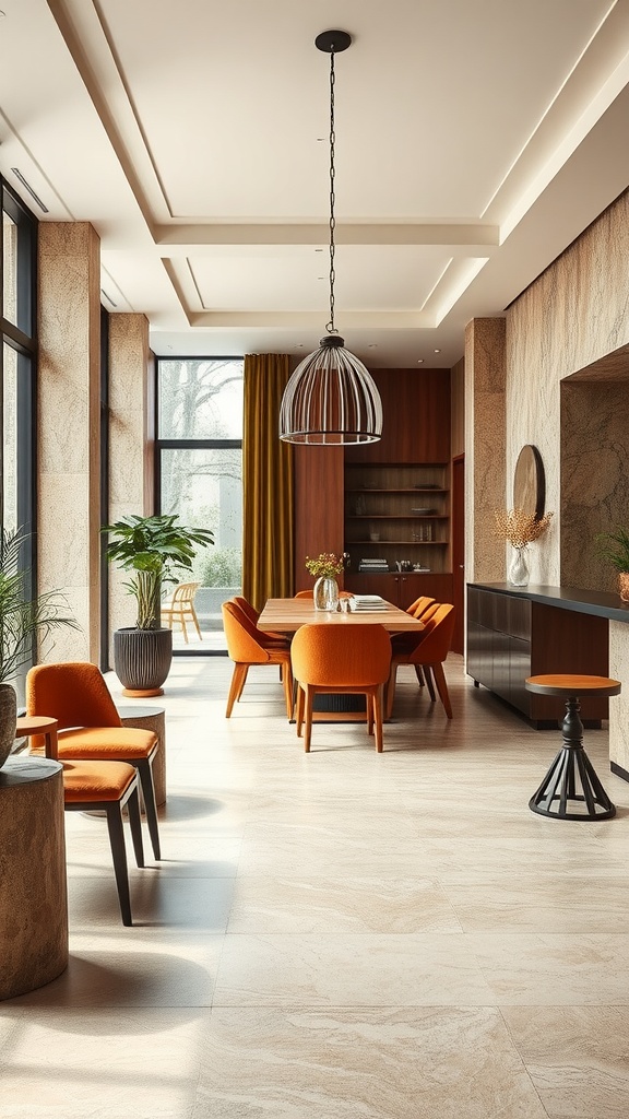 Interior design featuring warm neutrals and earthy textures, with a cozy dining area.