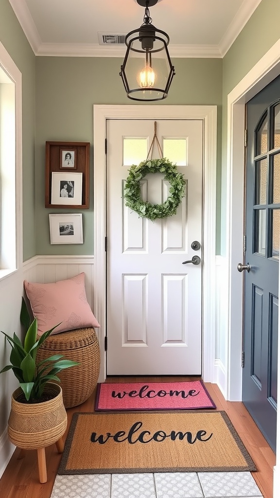 A welcoming entryway with a blue door, wreath, and orange welcome mats.