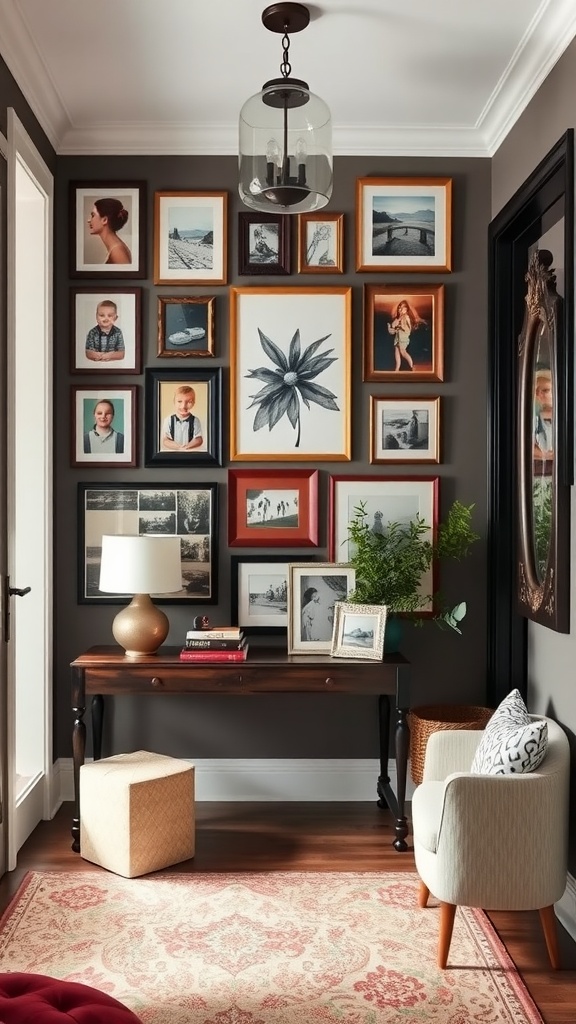 Stylish entryway with a gallery wall of framed photographs and a decorative plant