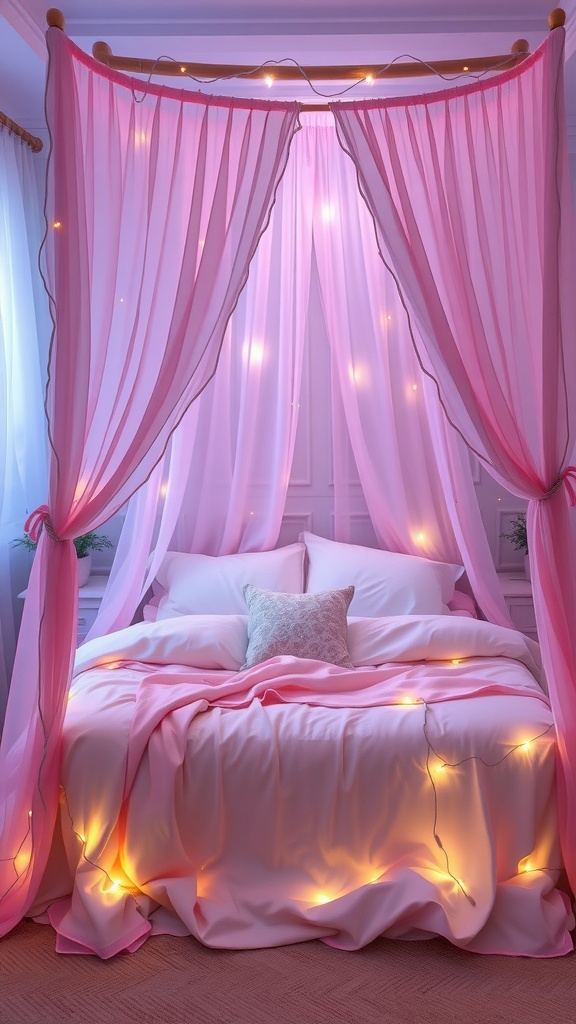 Cozy light pink bedroom with a canopy and fairy lights.