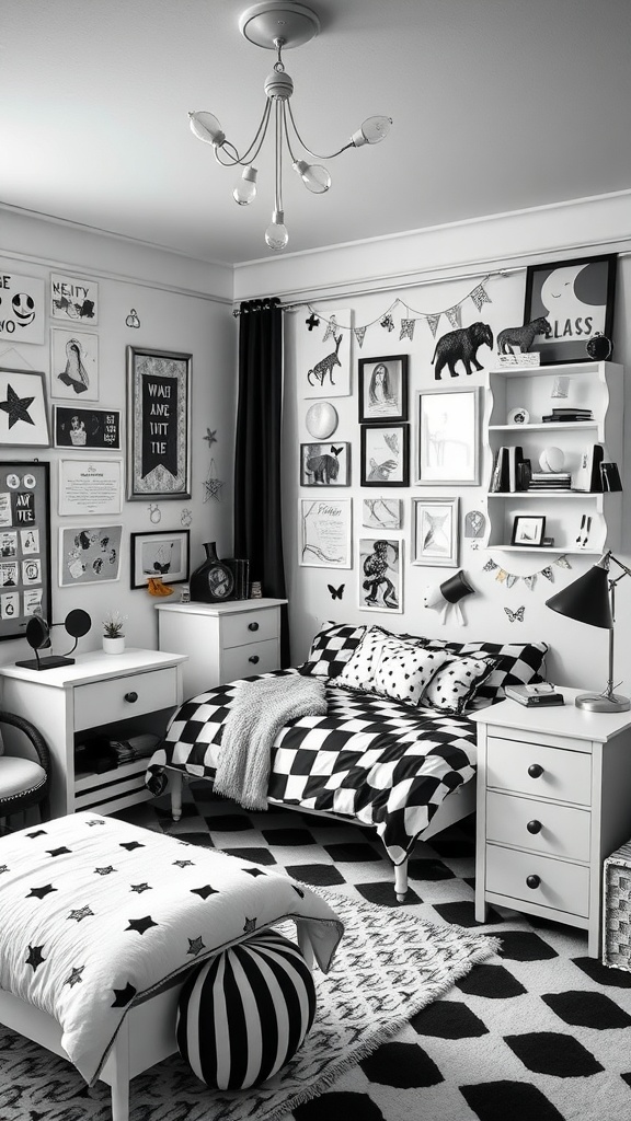 A black and white bedroom with playful accessories and patterns