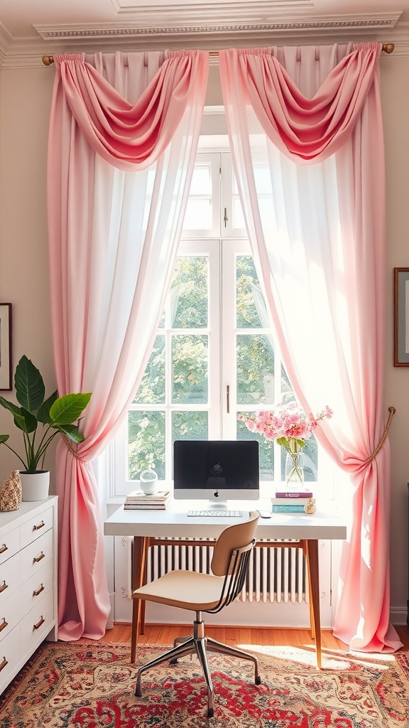 Light and airy white curtains with pink floral ties, framing a bright window.