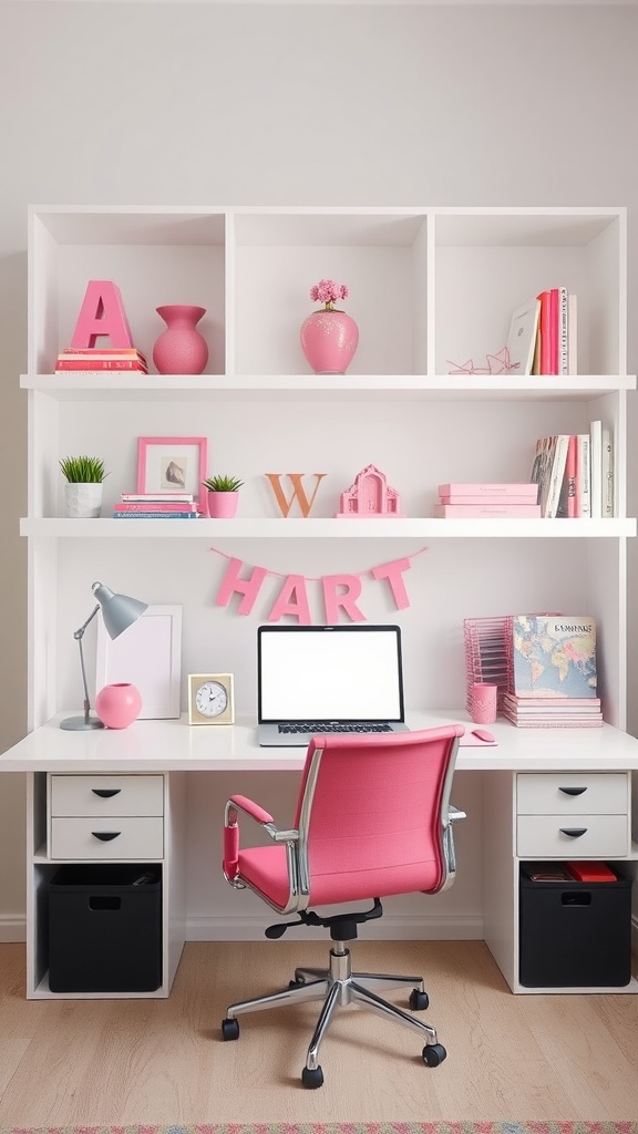 Home office featuring white shelving decorated with pink accents and a stylish desk setup.