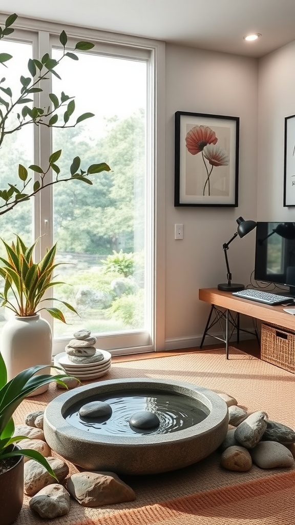 A serene home office with a water feature, plants, and soft lighting.